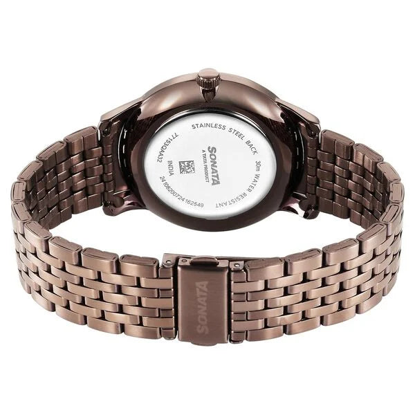 Sonata 77153QM02 | Sonata Wedding Quartz Analog Brown Dial Stainless Steel Strap Watch For Men