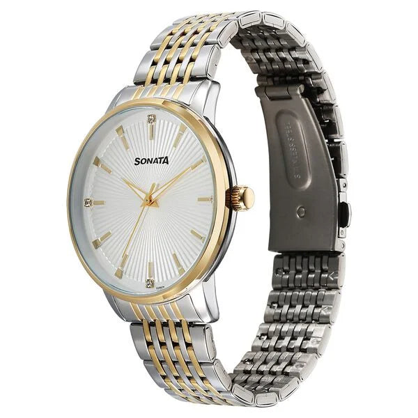 Sonata 77156BM01 | Sonata Eternia Quartz Analog White Dial Metal Strap Watch For Men