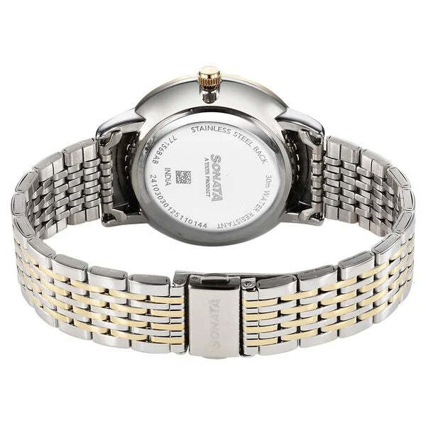 Sonata 77156BM01 | Sonata Eternia Quartz Analog White Dial Metal Strap Watch For Men