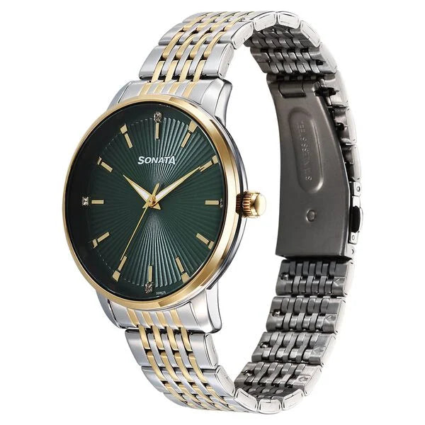 Sonata 77156BM02 | Sonata Eternia Quartz Analog Green Dial Metal Strap Watch For Men
