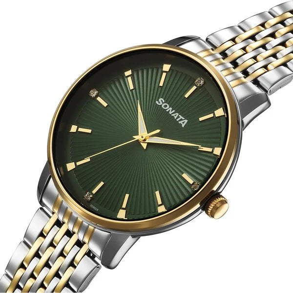 Sonata 77156BM02 | Sonata Eternia Quartz Analog Green Dial Metal Strap Watch For Men