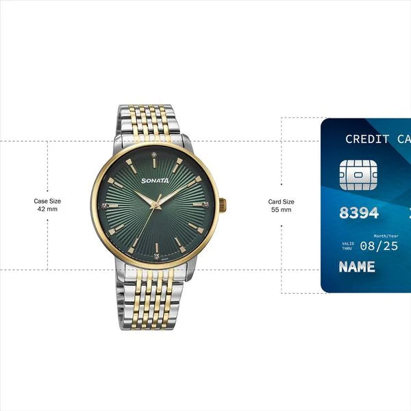 Sonata 77156BM02 | Sonata Eternia Quartz Analog Green Dial Metal Strap Watch For Men