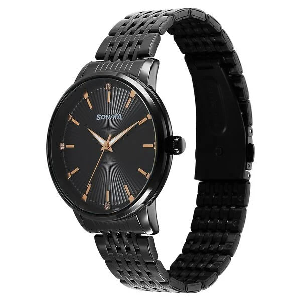Sonata 77156NM01 | Sonata Eternia Quartz Analog Black Dial Metal Strap Watch For Men