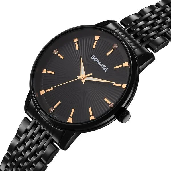 Sonata 77156NM01 | Sonata Eternia Quartz Analog Black Dial Metal Strap Watch For Men