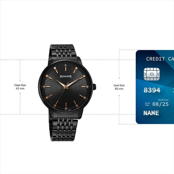 Sonata 77156NM01 | Sonata Eternia Quartz Analog Black Dial Metal Strap Watch For Men