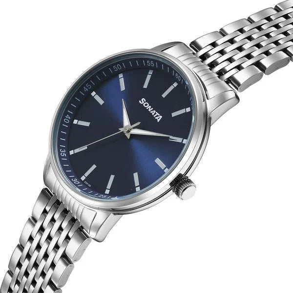 Sonata 77156SM01 | Sonata Wedding Quartz Analog Blue Dial Stainless Steel Strap Watch For Men