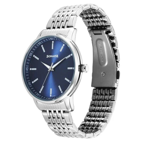 Sonata 77156SM01 | Sonata Wedding Quartz Analog Blue Dial Stainless Steel Strap Watch For Men