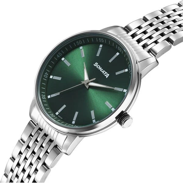 Sonata 77156SM02 | Sonata Wedding Quartz Analog Green Dial Stainless Steel Strap Watch For Men