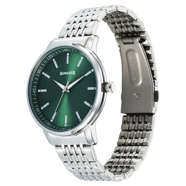 Sonata 77156SM02 | Sonata Wedding Quartz Analog Green Dial Stainless Steel Strap Watch For Men