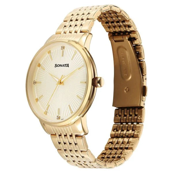 Sonata 77156YM01 | Sonata Eternia Quartz Analog Golden Dial Metal Strap Watch For Men