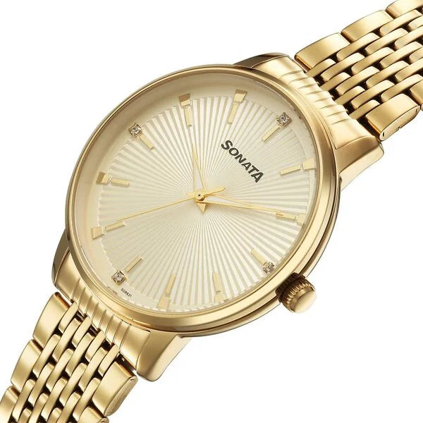 Sonata 77156YM01 | Sonata Eternia Quartz Analog Golden Dial Metal Strap Watch For Men
