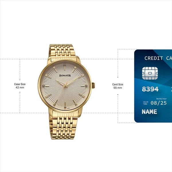 Sonata 77156YM01 | Sonata Eternia Quartz Analog Golden Dial Metal Strap Watch For Men