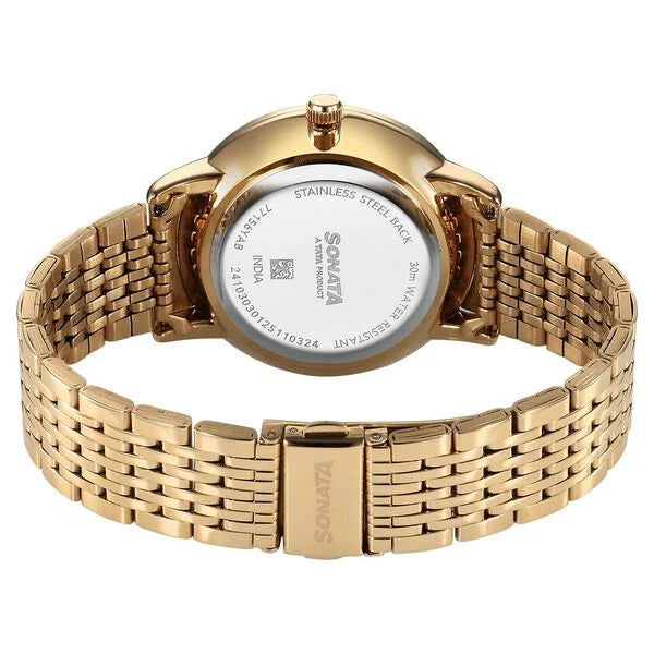 Sonata 77156YM01 | Sonata Eternia Quartz Analog Golden Dial Metal Strap Watch For Men