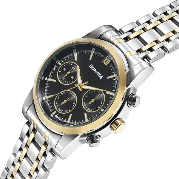 Sonata 77158BM01 | Sonata Wedding Multifunction Black Dial Stainless Steel Strap Watch For Men
