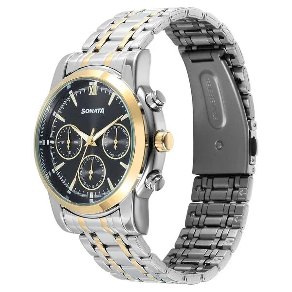 Sonata 77158BM01 | Sonata Wedding Multifunction Black Dial Stainless Steel Strap Watch For Men