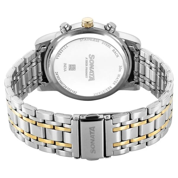 Sonata 77158BM01 | Sonata Wedding Multifunction Black Dial Stainless Steel Strap Watch For Men