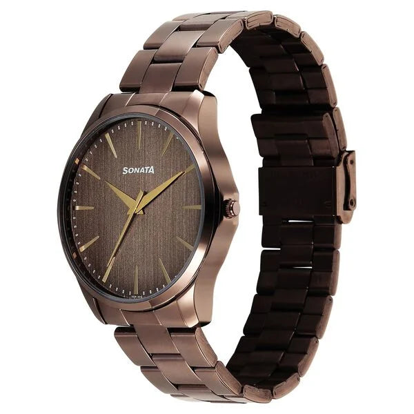 Sonata 77163QM01 | Sonata Traditional Essentials Quartz Analog Brown Dial Brown Metal Strap Watch For Men