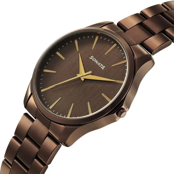Sonata 77163QM01 | Sonata Traditional Essentials Quartz Analog Brown Dial Brown Metal Strap Watch For Men