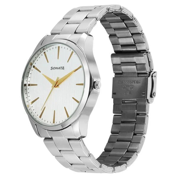 Sonata 77163SM02 | Sonata Traditional Essentials Quartz Analog Silver Dial Silver Metal Strap Watch For Men