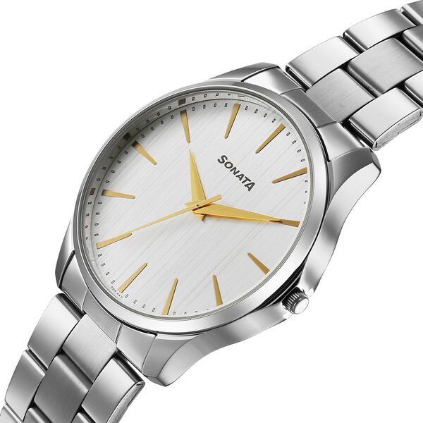Sonata 77163SM02 | Sonata Traditional Essentials Quartz Analog Silver Dial Silver Metal Strap Watch For Men
