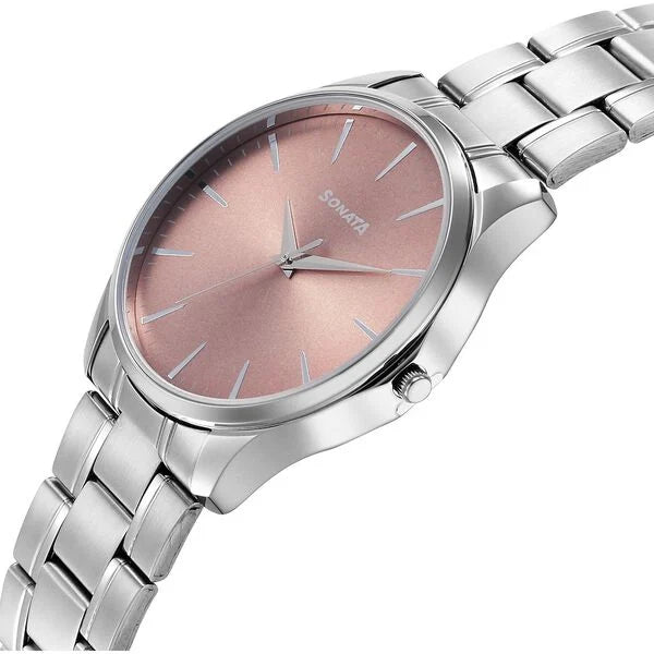 Sonata 77163SM08 | Sonata Ease Watches For Men With Metal Strap And Rose Dial