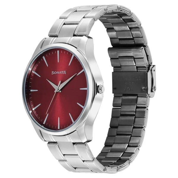 Sonata 77163SM09 | Sonata Ease Watches For Men With Metal Strap And Red Dial