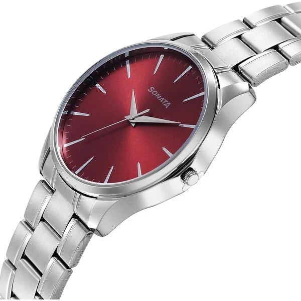 Sonata 77163SM09 | Sonata Ease Watches For Men With Metal Strap And Red Dial