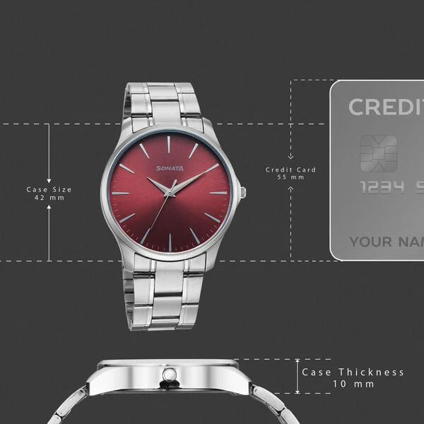 Sonata 77163SM09 | Sonata Ease Watches For Men With Metal Strap And Red Dial