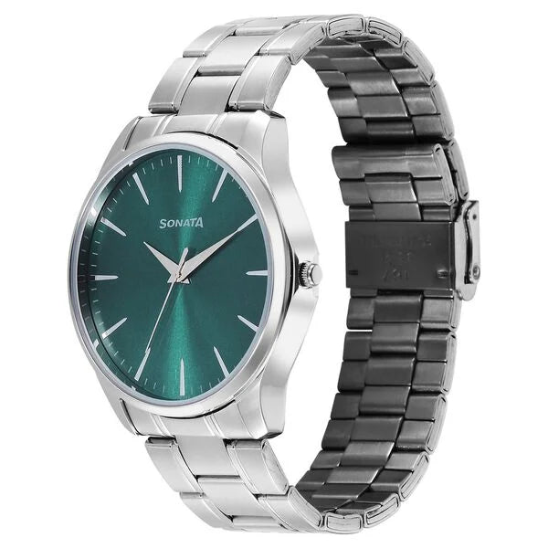 Sonata 77163SM10 | Sonata Ease Watches For Men With Metal Strap And Green Dial