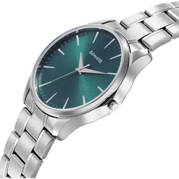 Sonata 77163SM10 | Sonata Ease Watches For Men With Metal Strap And Green Dial
