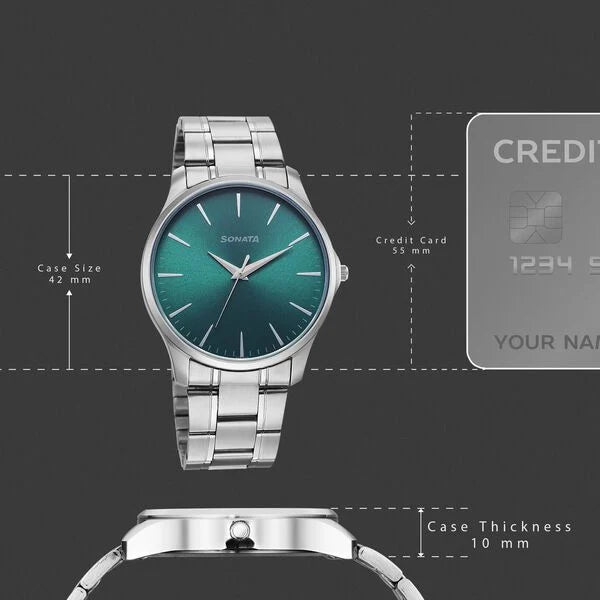 Sonata 77163SM10 | Sonata Ease Watches For Men With Metal Strap And Green Dial