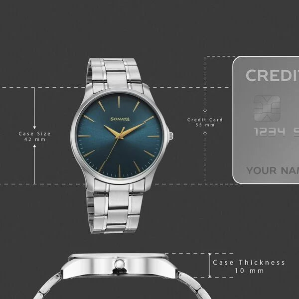 Sonata 77163SM11 | Sonata Ease Watches For Men With Metal Strap And Dark Blue Dial