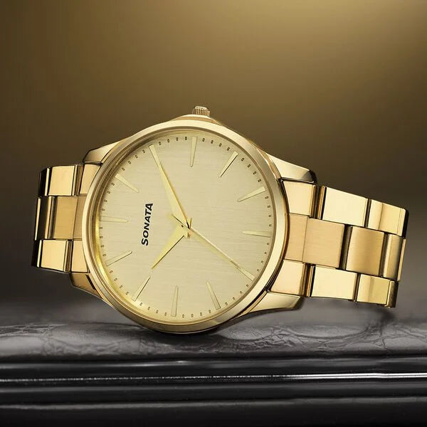 Sonata 77163YM05 | Sonata Traditional Essentials Quartz Analog Champagne Dial Golden Metal Strap Watch For Men