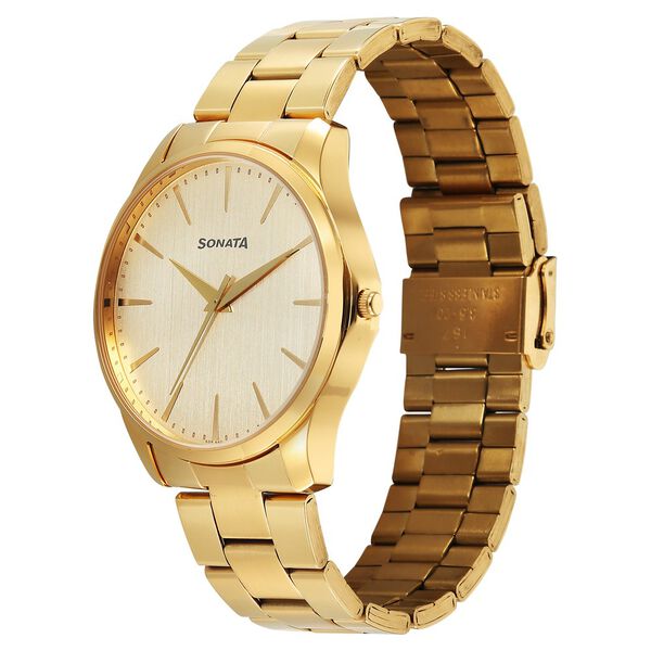 Sonata 77163YM05 | Sonata Traditional Essentials Quartz Analog Champagne Dial Golden Metal Strap Watch For Men