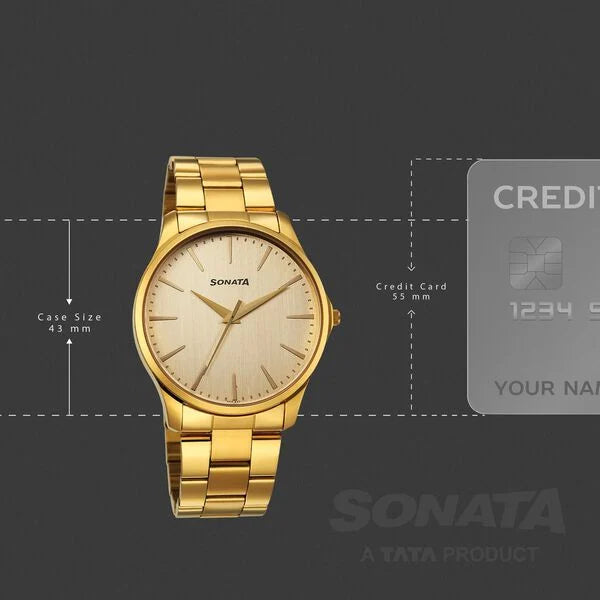 Sonata 77163YM05 | Sonata Traditional Essentials Quartz Analog Champagne Dial Golden Metal Strap Watch For Men
