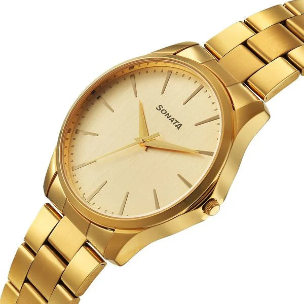 Sonata 77163YM05 | Sonata Traditional Essentials Quartz Analog Champagne Dial Golden Metal Strap Watch For Men