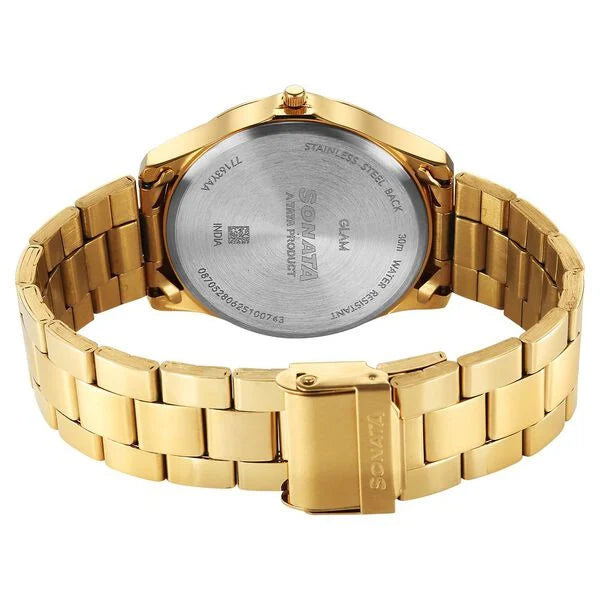 Sonata 77163YM05 | Sonata Traditional Essentials Quartz Analog Champagne Dial Golden Metal Strap Watch For Men