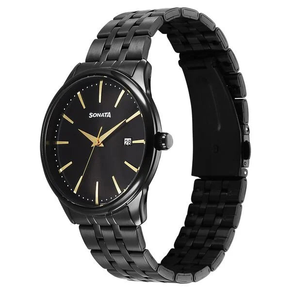 Sonata 77166NM01 | Sonata Eternia Quartz Analog with Date Black Dial Metal Strap Watch For Men