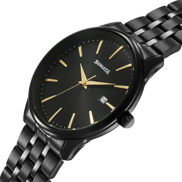 Sonata 77166NM01 | Sonata Eternia Quartz Analog with Date Black Dial Metal Strap Watch For Men