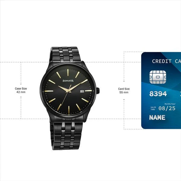 Sonata 77166NM01 | Sonata Eternia Quartz Analog with Date Black Dial Metal Strap Watch For Men