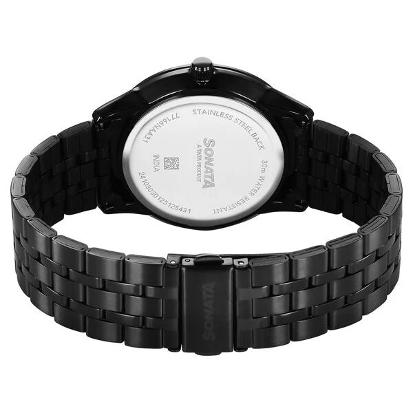 Sonata 77166NM01 | Sonata Eternia Quartz Analog with Date Black Dial Metal Strap Watch For Men