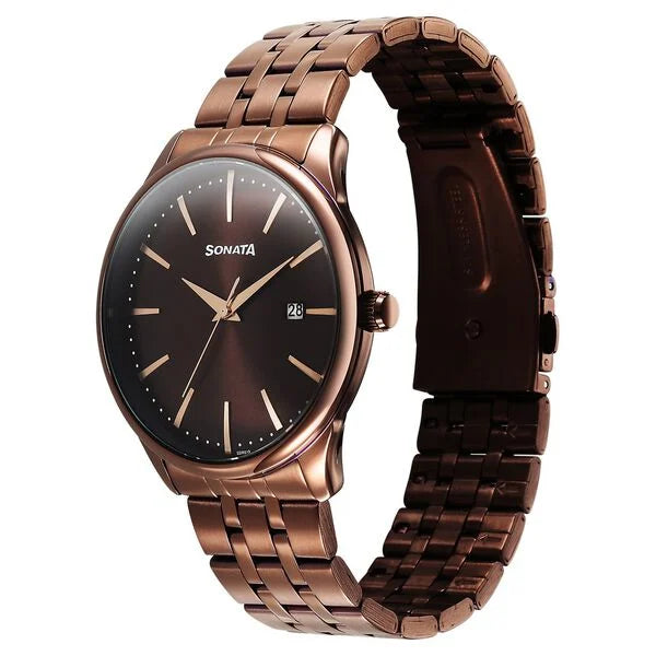 Sonata 77166QM01 | Sonata Eternia Quartz Analog with Date Brown Dial Metal Strap Watch For Men