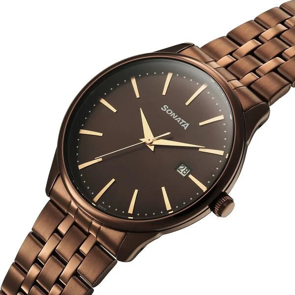 Sonata 77166QM01 | Sonata Eternia Quartz Analog with Date Brown Dial Metal Strap Watch For Men