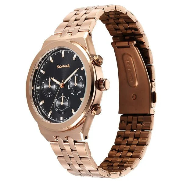 Sonata 77173WM01 | Sonata Eternia Quartz Multifunction Black Dial Metal Strap Watch For Men