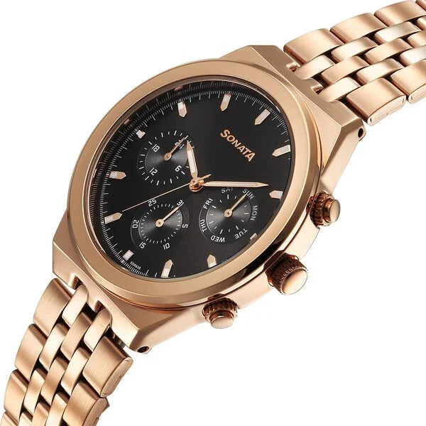 Sonata 77173WM01 | Sonata Eternia Quartz Multifunction Black Dial Metal Strap Watch For Men