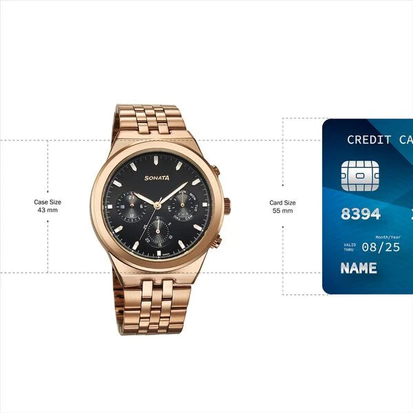 Sonata 77173WM01 | Sonata Eternia Quartz Multifunction Black Dial Metal Strap Watch For Men