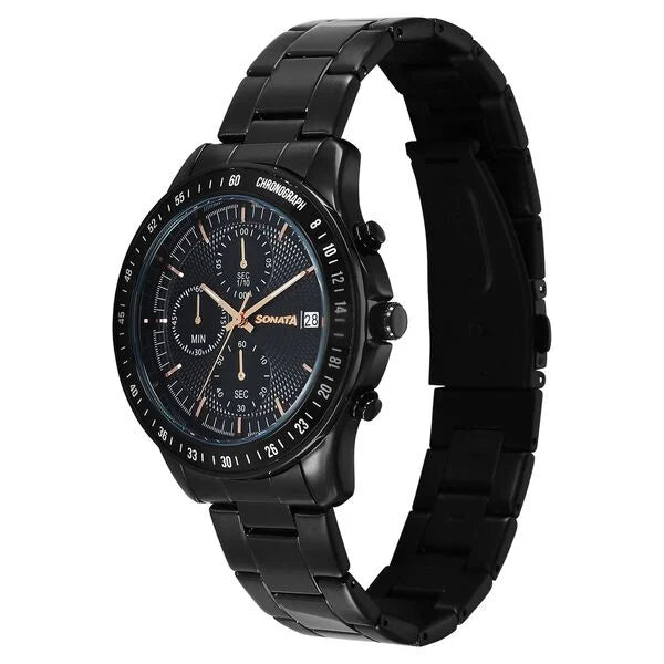 Sonata 77187NM01 | Sonata Chronos Quartz Analog with Date Black Dial Black Colour Stainless Steel Strap Watch For Men