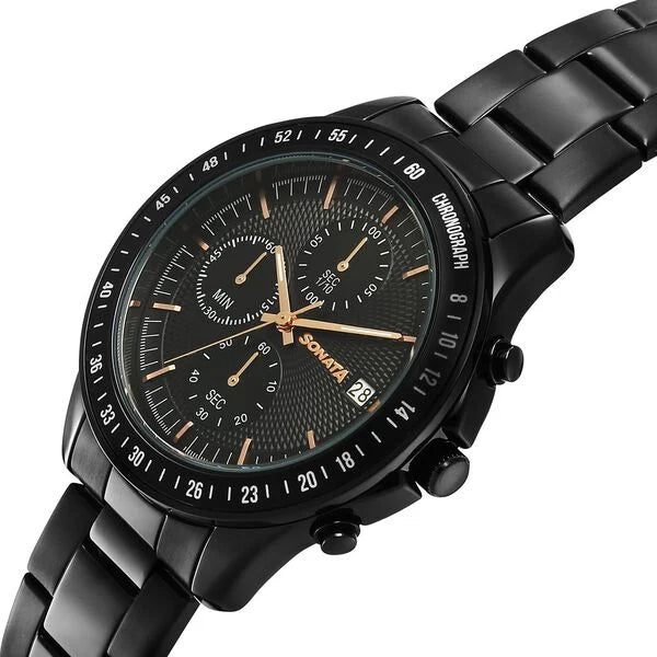 Sonata 77187NM01 | Sonata Chronos Quartz Analog with Date Black Dial Black Colour Stainless Steel Strap Watch For Men