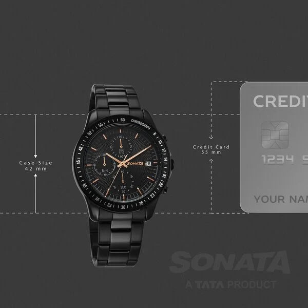 Sonata 77187NM01 | Sonata Chronos Quartz Analog with Date Black Dial Black Colour Stainless Steel Strap Watch For Men