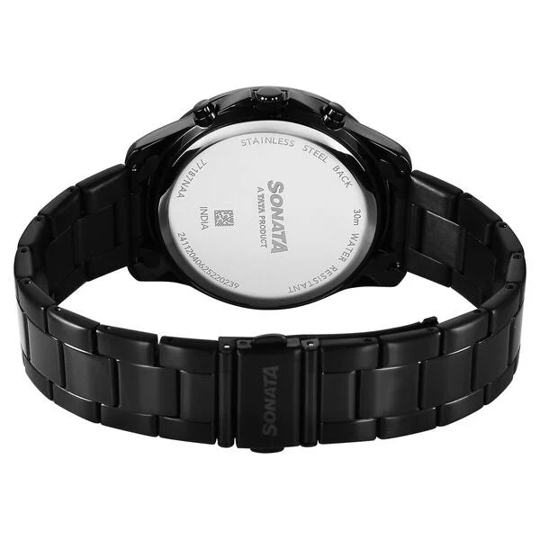 Sonata 77187NM01 | Sonata Chronos Quartz Analog with Date Black Dial Black Colour Stainless Steel Strap Watch For Men